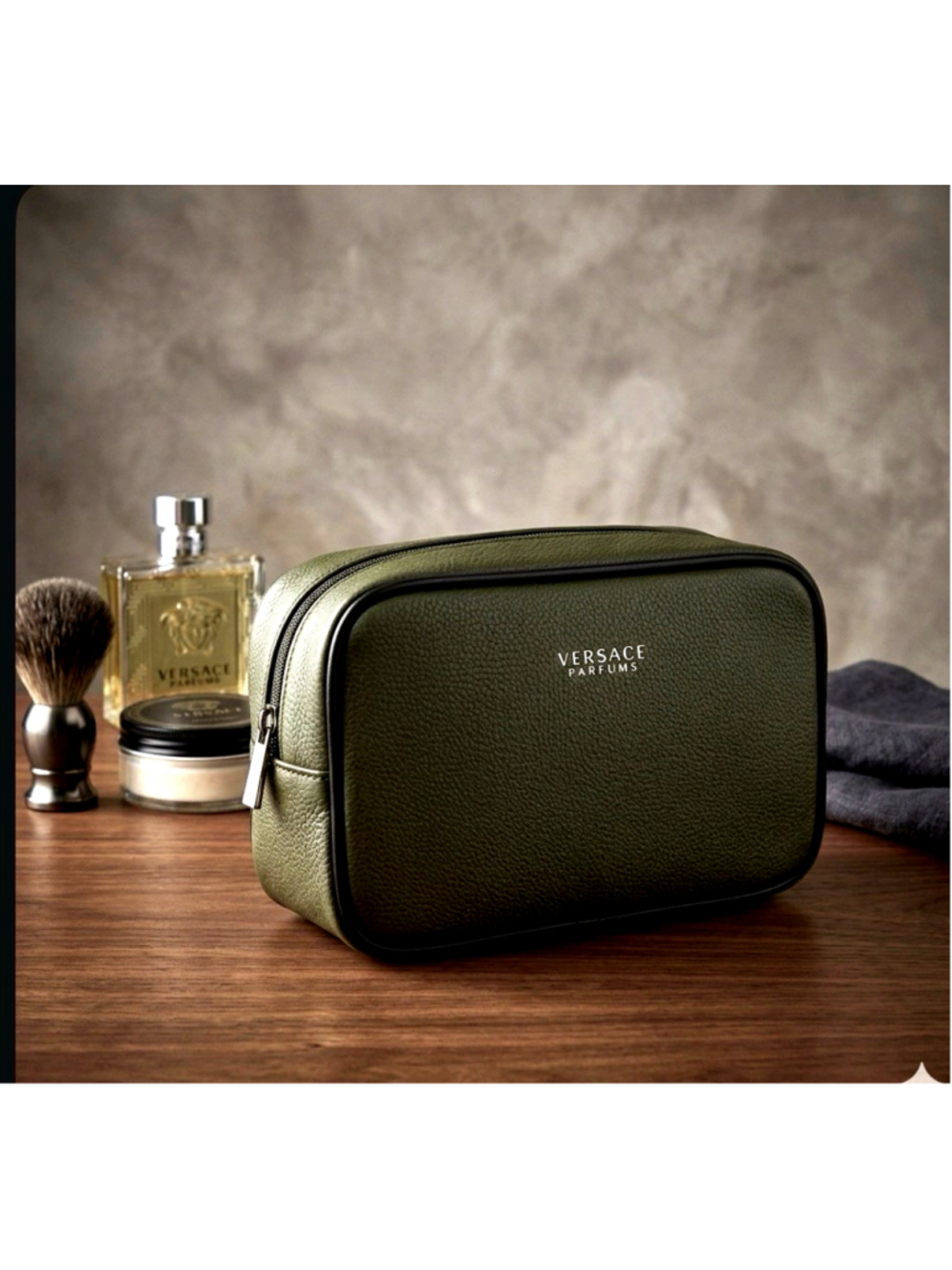 VERSACE Parfums Faux Leather Travel Cosmetic Makeup/Toiletry Pouch Olive Green